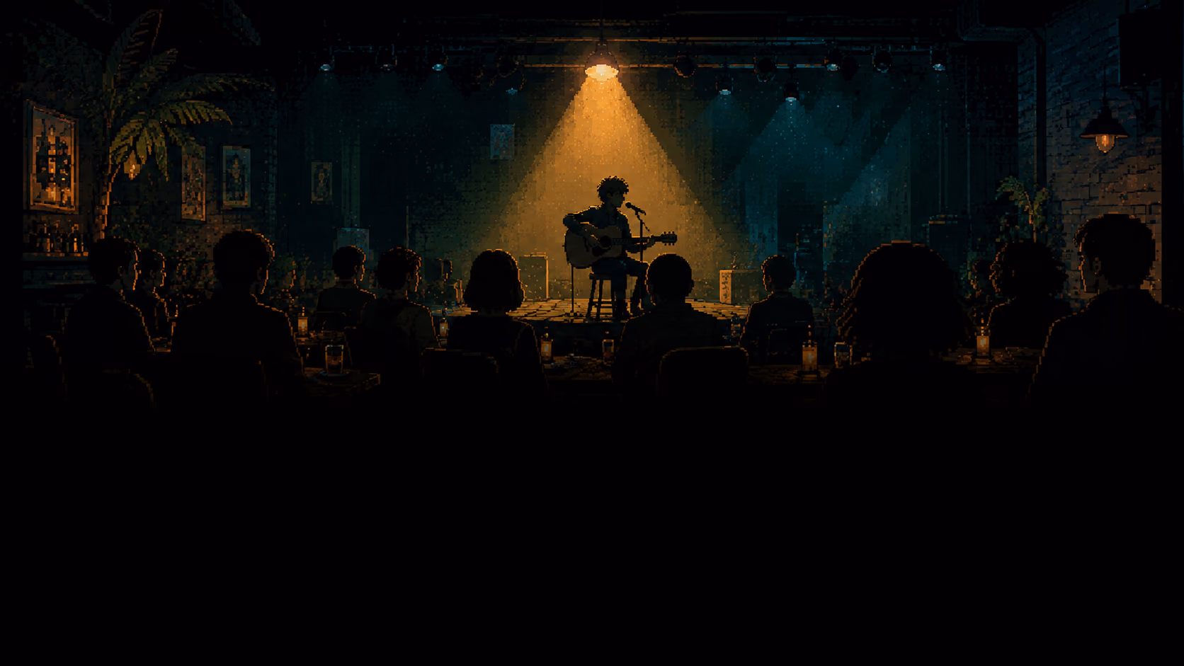 A performer on a small stage under a single warm spotlight
