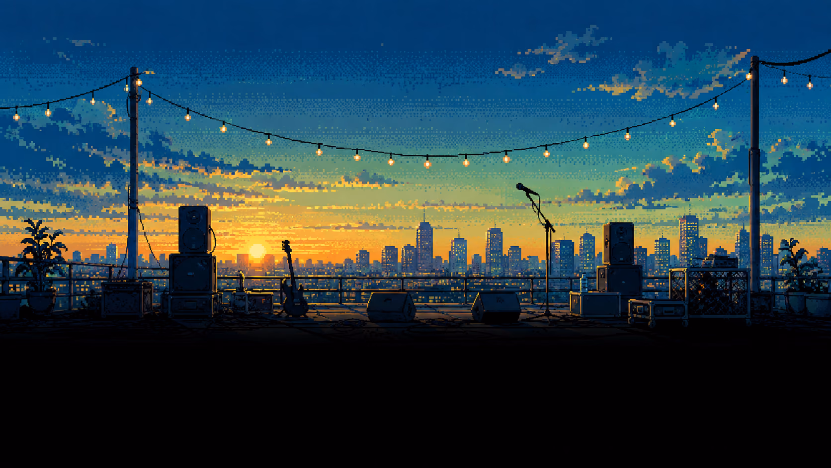 A rooftop stage at dusk, set up and waiting for the night